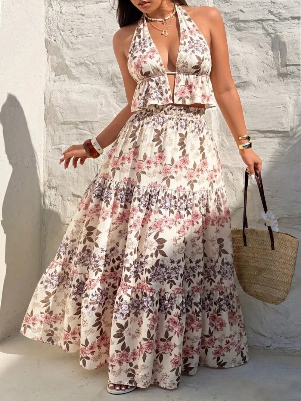 Multicolor Boho Women's Floral Maxi Halter Neck top & maxi  Skirt coord set